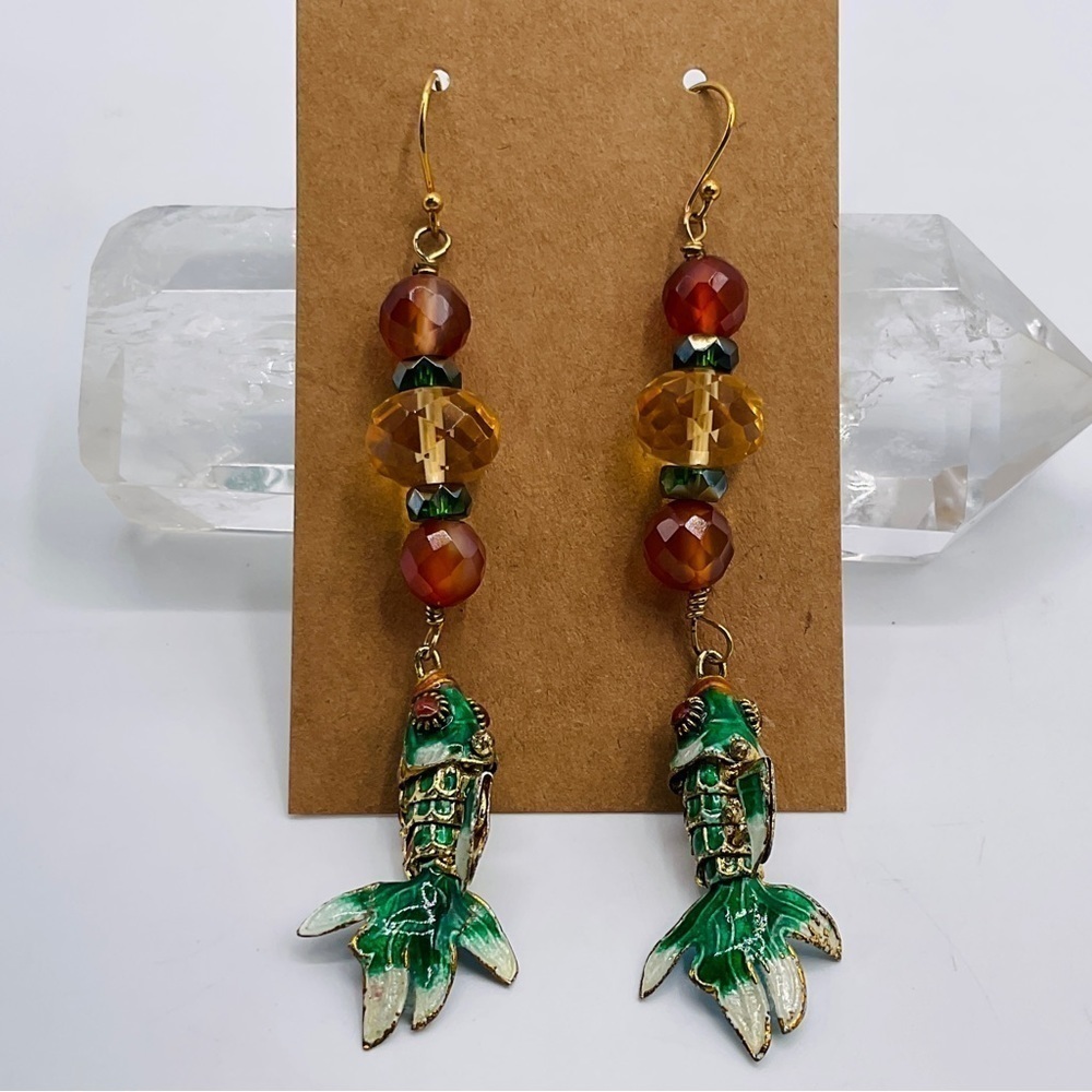 Vtg Earrings Cloisonné Fish Reticulated Hook Crystal Gems Beads Enamel Jewelry